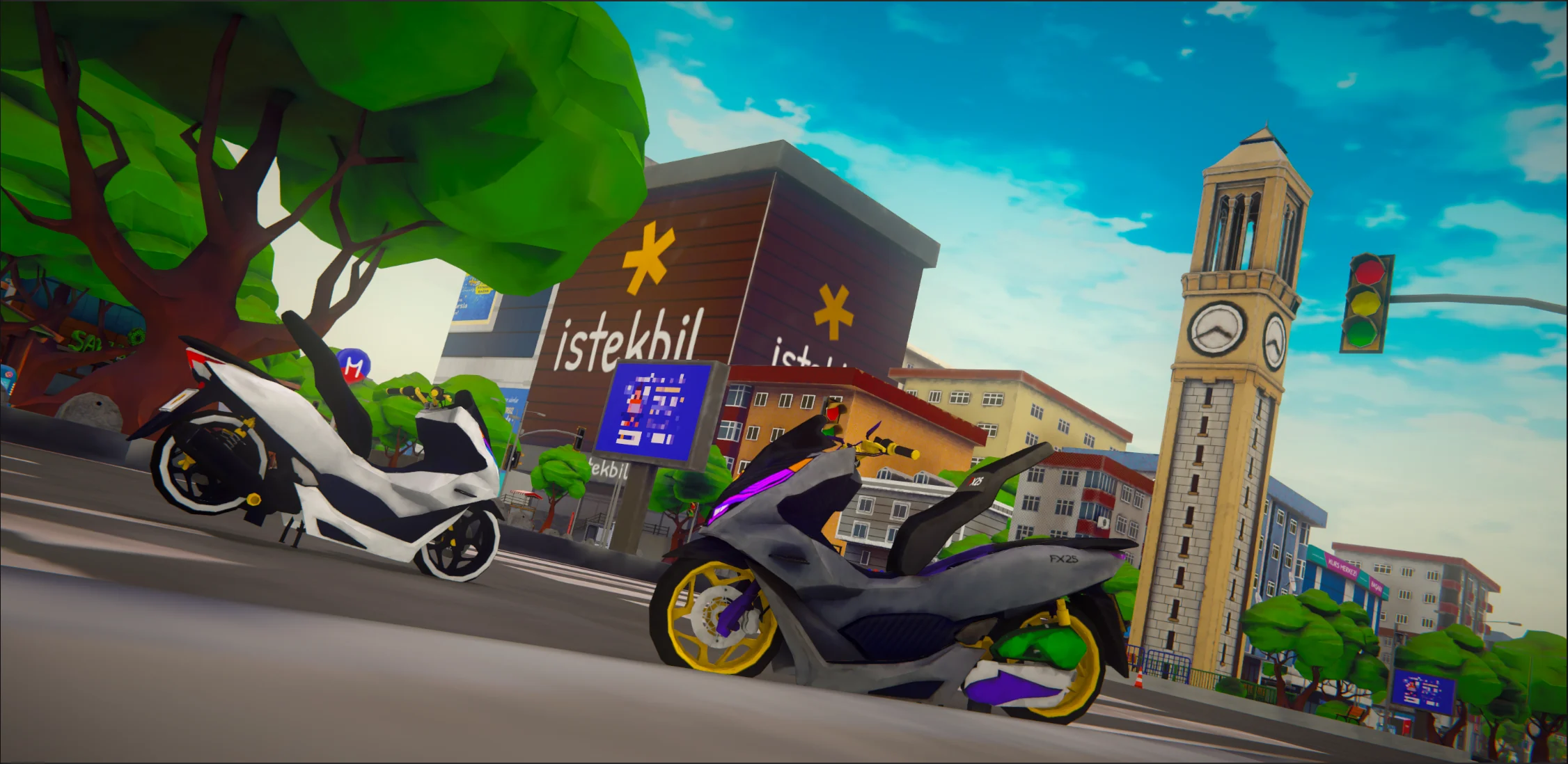 Courier Guy motorcycles in a stylized city