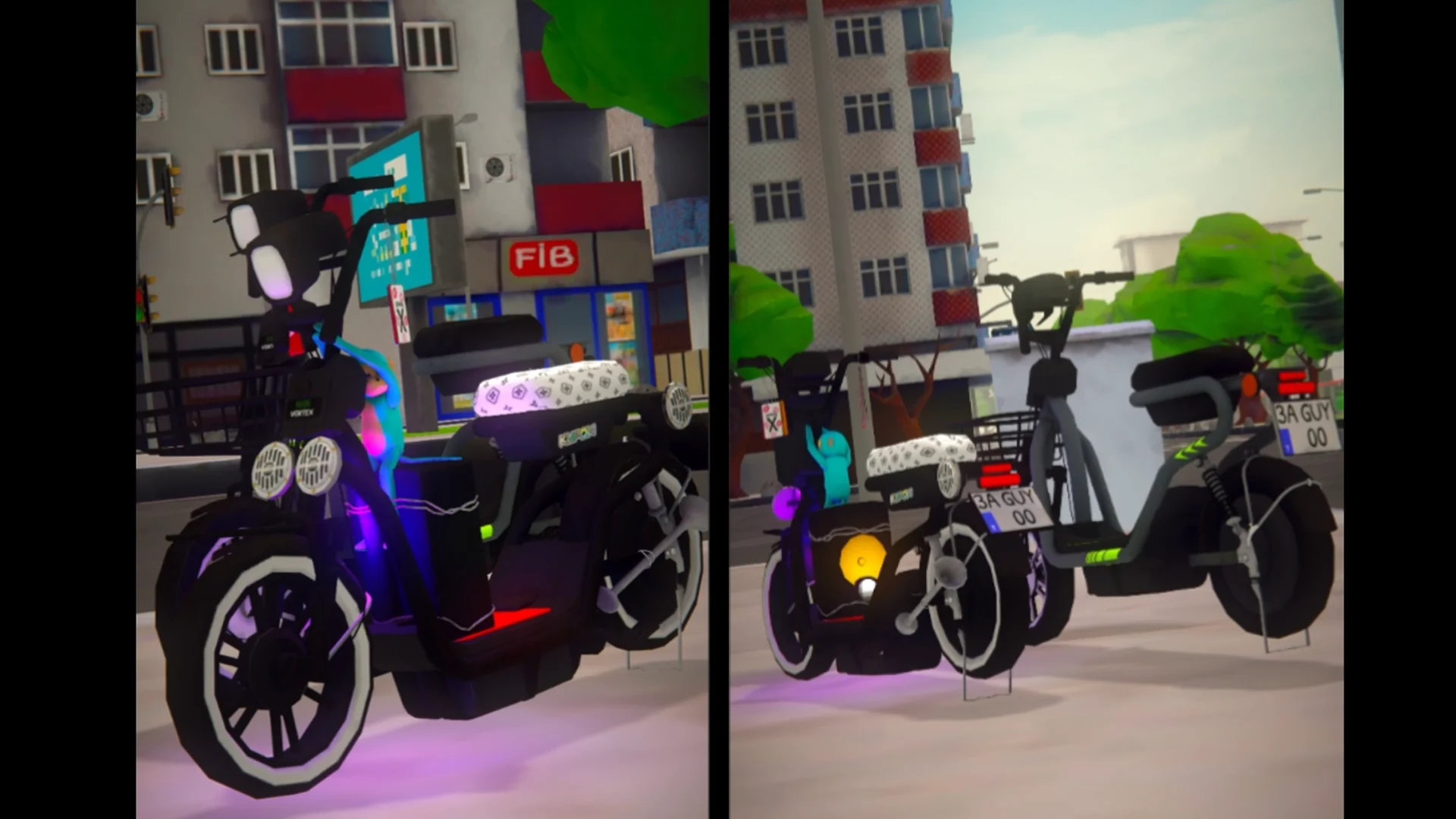 Two stylized motorcycles in Courier Guy
